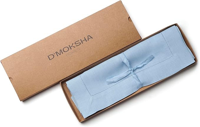 D'Moksha Homes Powder Blue Linen Cloth Placemats Set of 4-100% Pure Linen Hemstitch Placemats 14 x 19 Inch - Classic Hemstitch Table Place Mats for Christmas - Handcrafted and Machine Washable DMokshaHomes
