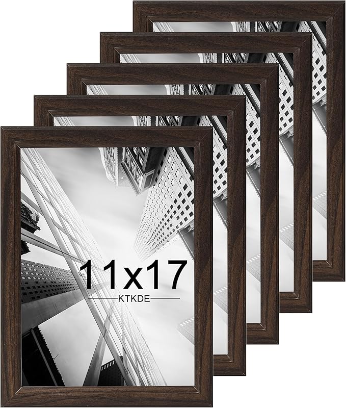 KTKDE 11x17 Picture Frame Set of 5,Walnut Wooded Shatter Resistant Glass, Vertical & Horizontal Wall Hanging for Wall Display,Studio Gallery Photo Frame for Photos, Posters & Art Prints KTKDE