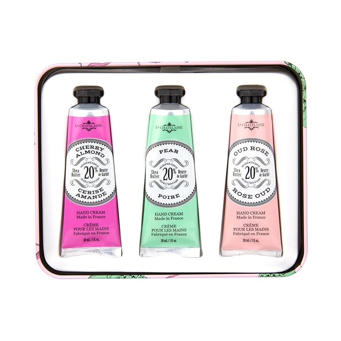 La Chatelaine Rose Hand Cream Trio Tin Gift Set, Ready-To-Gift Tin, Nautral, Made in France with 20% Organic Shea Butter, Nourishing and Moisturizing (Cherry Almond, Pear, Oud Rose) LaChatelaine