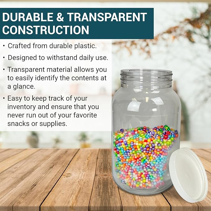 1 Gallon Large Plastic Jar with Lid (1 Pack) - Food Safe & Air Tight - Clear Storage Gallon Container with Lid - Wide Mouth Food Storage Containers - Large Candy Jar for Kitchen & Pantry Organization BillyBuckskinHomeandBeauty