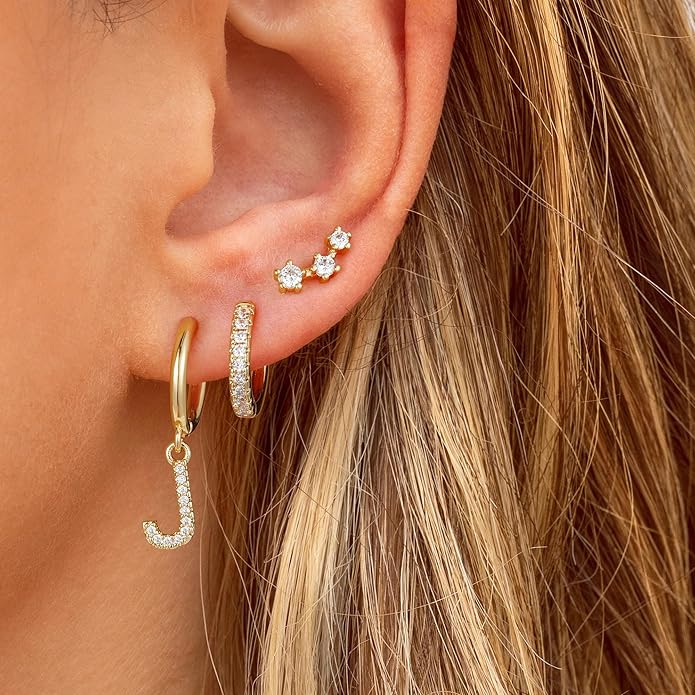 Christmas Gifts for Teen Girls Kids - 3 Pairs Gold Earrings for Women Huggie Hoop Earrings for Girls with Initial Dangle Cartilage Earring Studs Hypoallergenic Earring Set for Multiple Piercing JIAOGE
