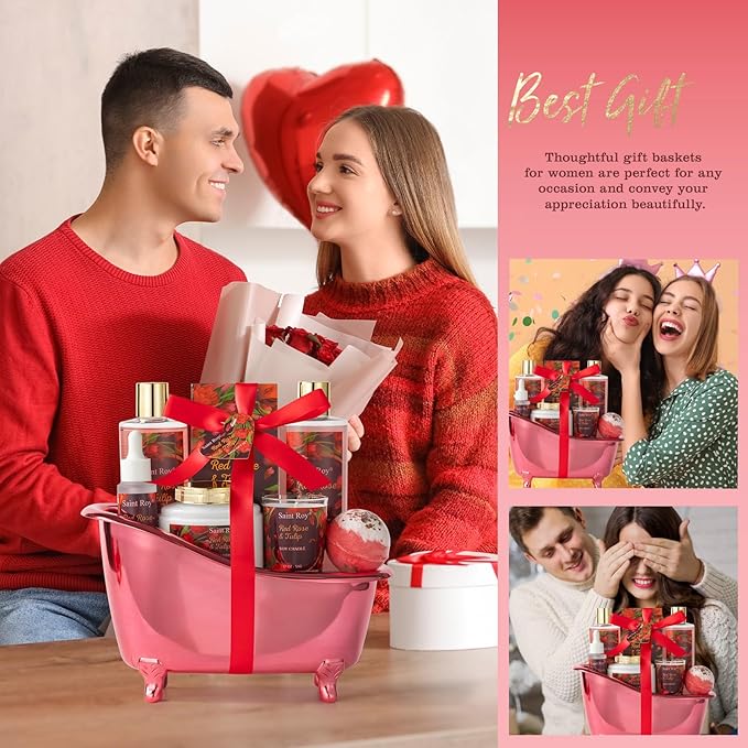 Christmas Gifts for Women, spa kit Gifts for Her Mother's Day Bath Spa Gift Set Red Rose & Tulip Spa Basket Kits for Women, Contains Body Oil, Body Lotion, Salt, self care baskets Mother's Day Gift SaintRoy