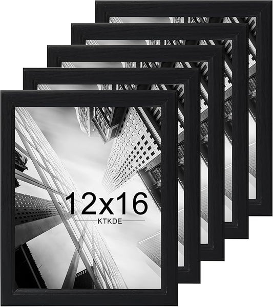 KTKDE 12x16 Picture Frame Set of 5,Black Wooded Shatter Resistant Glass, Vertical & Horizontal Wall Hanging for Wall Display,Studio Gallery Photo Frame for Photos, Posters & Art Prints KTKDE
