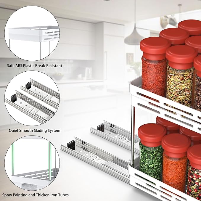 Pull Out Spice Rack Organizer for Cabinet, 2 Pack Widen Slide Out Spice Racks Organizer, Spice Cabinet Organizers, Cabinet Size Need:12'' Highx11'' Deepx6.75'' Wide,Hold 15 Spice Jar Each Tier-2Tier DABIGE
