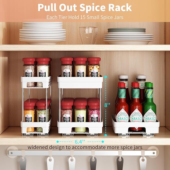 Pull Out Spice Rack Organizer for Cabinet, 2 Pack Widen Slide Out Spice Racks Organizer, Spice Cabinet Organizers, Cabinet Size Need:12'' Highx11'' Deepx6.75'' Wide,Hold 15 Spice Jar Each Tier-2Tier DABIGE