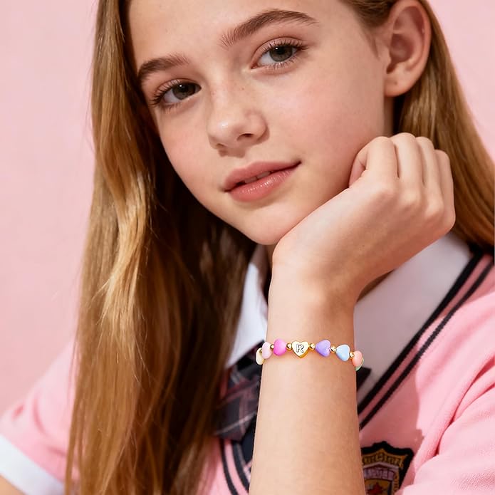 WomenGifts Initial Heart Bracelets for Girls Women – Christmas Stocking Stuffers Cute Little Girls Letter A-Z Charm Bracelet, Personalized Happy 3-18 Year Old Birthday Gift for Sisters, Toddler, Teens & Her Kick Boosters