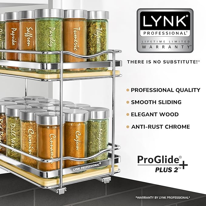 LYNK PROFESSIONAL® Élite™ Pull Out Spice Rack Organizer for Inside Kitchen Cabinets - 6-3/8 inch Wide - Slide Out Drawer – Wood/Chrome Sliding Spice Cabinet Organization Shelf Racks - 2 Tier LYNKPROFESSIONAL