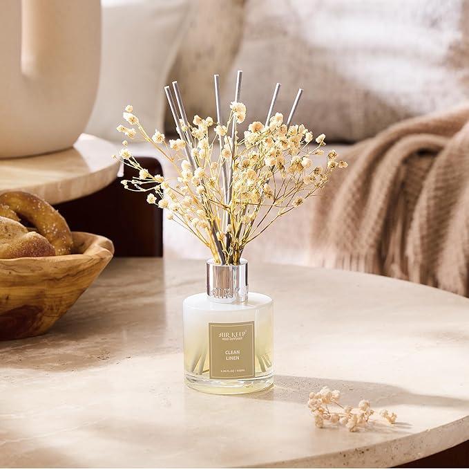 Airkeep Reed Diffuser Set,3.38 fl oz (100 ml) - Clean Linen Oil Diffusers with 8 Reed Sticks,Home Fragrance Reed Diffuser for Bathroom Shelf Decor Airkeep