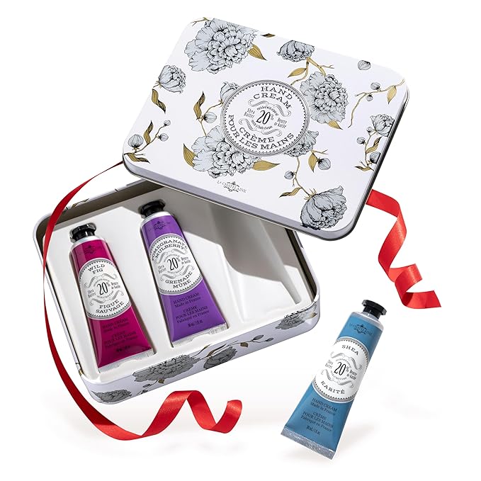 La Chatelaine French Hand Cream Trio Tin, Holiday Gift Set, Hand Lotion for Women, Made in France with 20% Organic Shea Butter, Moisturizing (Wild Fig, Pomegranate Mulberry, Shea) 3 x 1 fl. Oz LaChatelaine