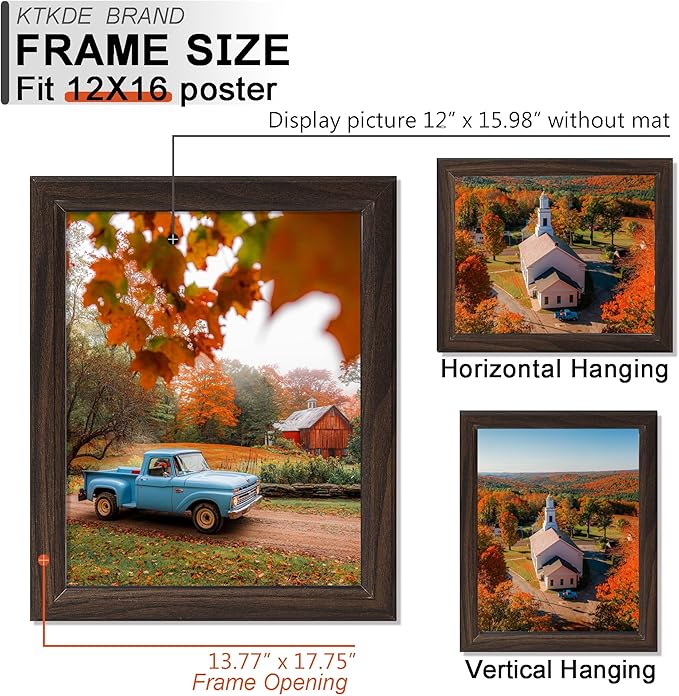 KTKDE 12x16 Picture Frame Set of 3,Walnut Wooded Shatter Resistant Glass, Vertical & Horizontal Wall Hanging for Wall Display,Studio Gallery Photo Frame for Photos, Posters & Art Prints KTKDE