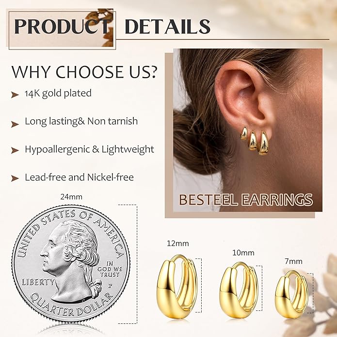 BESTEEL 3Pairs 14K Gold Plated Hoop Earrings Set for Women Chunky Earring Silver Plated Hypoallergenic Small Huggie Hoops Lightweight Tiny Thick Trendy Hoop Earrings Stacks for Multiple Piercing BESTEEL
