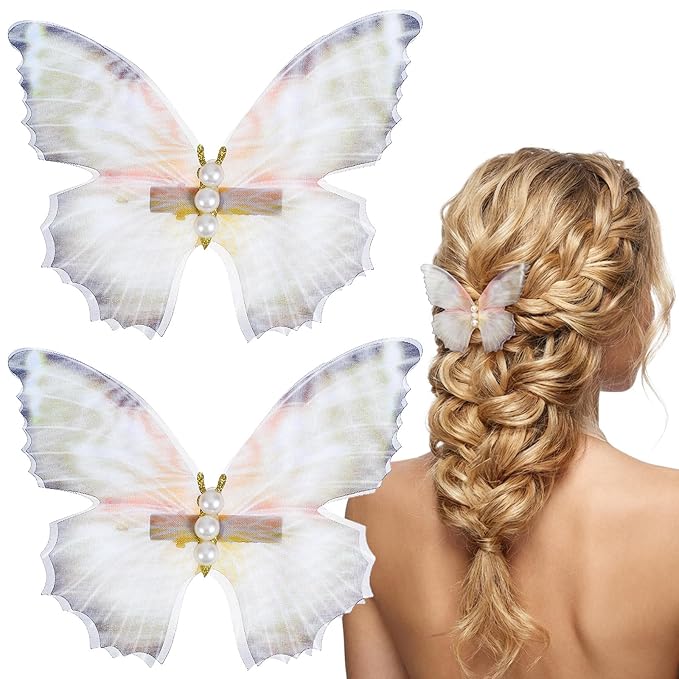 2Pcs Butterfly Hair Clips, Pearl Double Mesh Butterfly Clips, Moving Wings Butterflies Hair Barrette, Strong Hold Metal Butterflies Hairs Clip Fairy Accessories for Women Girls Kick Boosters