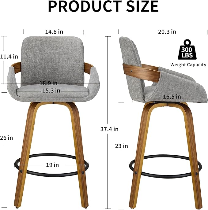 Swivel Bar Stool, Fabric Counter High Stools with Back and Armrest 360° Swivel Walnut Bar Chair for Kitchen Island Home Dining - Light Grey VipDesk