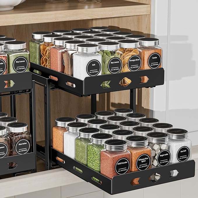 Pull Out Spice Racks for Inside Cabinets, 2-Tier Cabinet Spice Rack, Height Adjustable Spice Rack Organizer for Cabinet, Kitchen Vertical Spice Rack (9.7''Wx10.8''Dx9.2''H, Metal Black) BOIVSHI