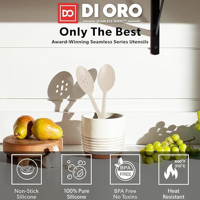 DI ORO Silicone Spoons for Cooking - Large Kitchen Spoons for Mixing, Serving, & Stirring - 600°F Heat-Resistant Non Stick Utensils – Big Solid & Slotted Basting Spoons - Dishwasher Safe (2pc, Clay) DIORO