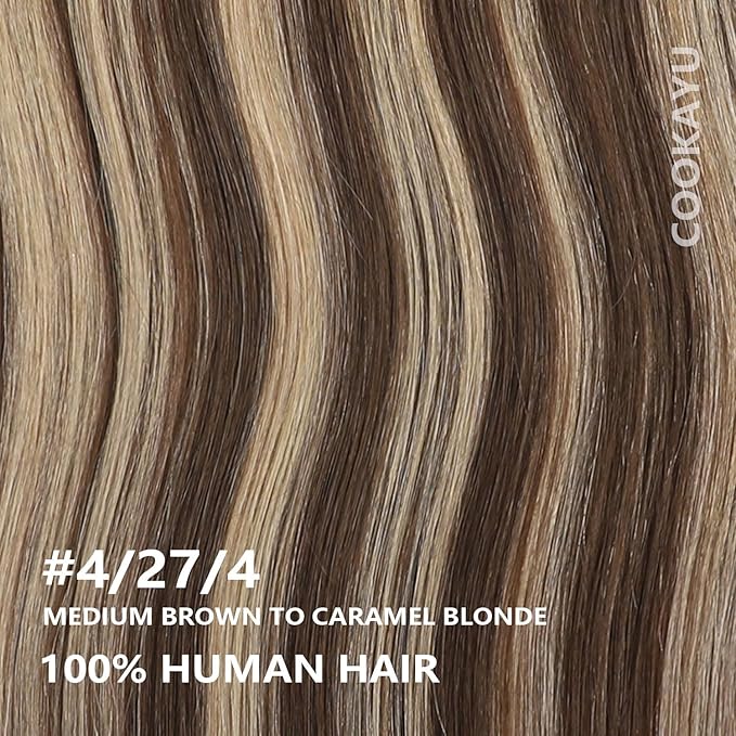 COOKAYU Clip in Hair Extensions Real Human Hair, 4/27/4 Medium Brown to Caramel Blonde Balayage Real Human Hair, Remy Clip in Hair Extensions 18 inch 120g 7pcs COOKAYU