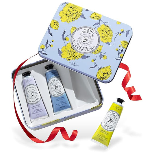 La Chatelaine French Hand Cream Trio Tin, Holiday Gift Set, Hand Lotion for Women, Made in France with 20% Organic Shea Butter (Lavender, Lychee Bilberry & Lemon Verbena or Citrus Fizz) 3 x 1 fl oz LaChatelaine
