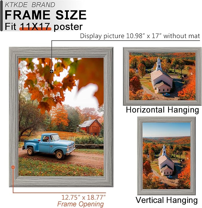 KTKDE 11x17 Picture Frame Set of 3,Grey Wooded Shatter Resistant Glass, Vertical & Horizontal Wall Hanging for Wall Display,Studio Gallery Photo Frame for Photos, Posters & Art Prints KTKDE