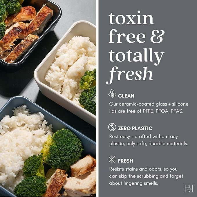 Ceramic Coated Glass Food Storage Container | No PTFE, PFOA, PFAS, and BPA | Reusable Non Toxic Meal Prep Container with Glass Lid | Easy To Store | 6 Piece Food Prep [Crema] BrivaraHome