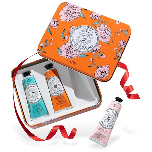La Chatelaine Hand Cream Trio Tin, Holiday Gift Set, Natural Hand Lotion, Made in France with 20% Organic Shea Butter, Nourishing (Gardenia or Coconut Milk, Orange Blossom, Oud Rose) 3 x 1 fl. oz LaChatelaine