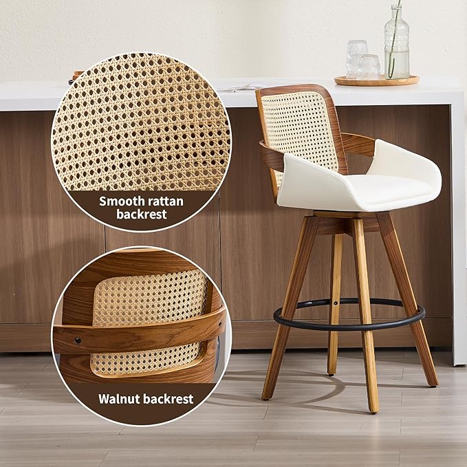 Swivel Bar Stools Set of 2, Faux Leather Counter Height Bar Stools with Arms and Rattan Back, 26" Seat Height Upholstered Bar Chairs with Bentwood Frame for Kitchen Island Bar - Beige VipDesk