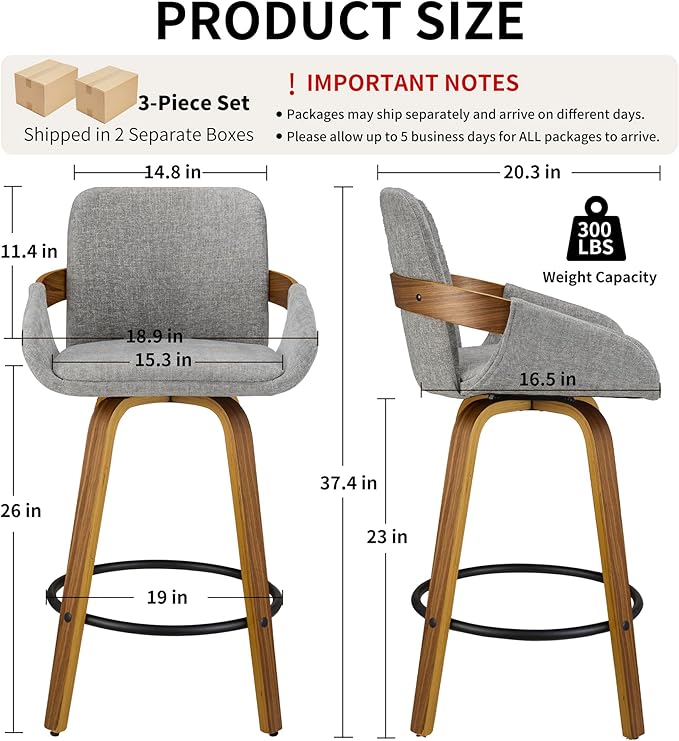 Swivel Bar Stool Set of 3, Fabric Counter High Stools with Back and Armrest 360° Swivel Walnut Bar Chair for Kitchen Island Home Dining - Light Grey VipDesk