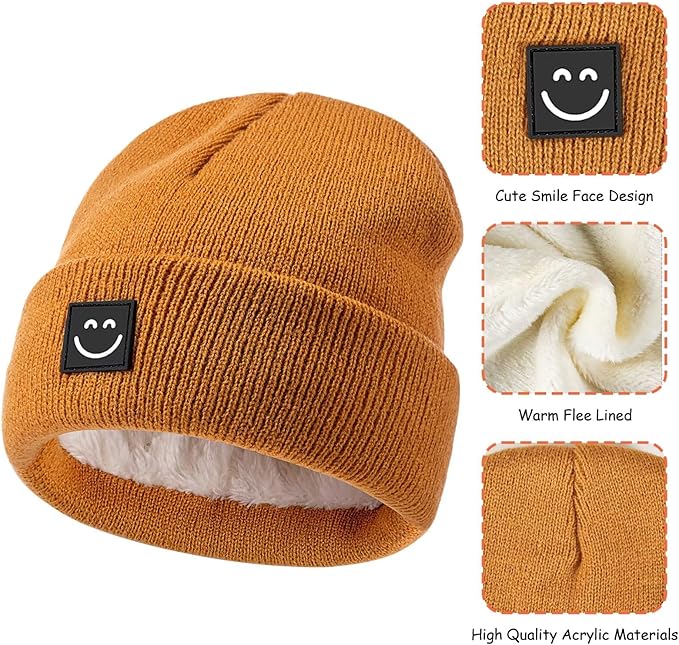 Baby Beanie Hat 3 Packs with Cute Smiley Face, Toddler Girls Boys Baby Hats Winter, Kids Winter Hat Cold Weather Hispeka