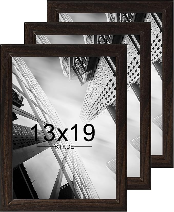 KTKDE 13x19 Picture Frame Set of 3 Walnut Wooded Shatter Resistant Glass, Vertical & Horizontal Wall Hanging for Wall Display,Studio Gallery Photo Frame for Photos, Posters & Art Prints KTKDE