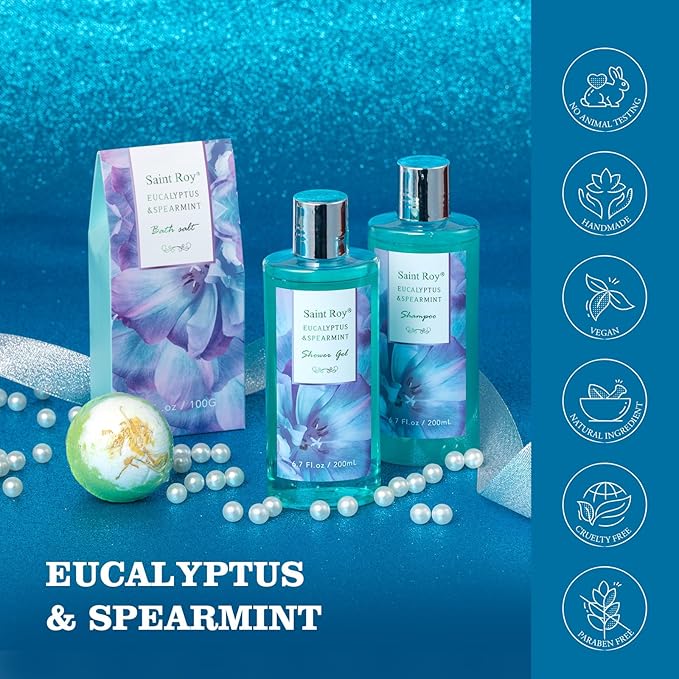 Bath and Body Basket Set Luxury EUCALYPTUS & Mint Spa Gift Basket for Women, Unique Bath Gift Baskets Gifts, Home Spa Kit Christmas Gifts for Women, birthday gift baskets for Dad Mother's Day SaintRoy
