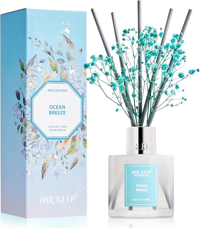 Airkeep Reed Diffuser Set,3.38 fl oz (100 ml) - Ocean Breeze Oil Diffusers with 8 Reed Sticks, Home Fragrance Reed Diffuser for Bathroom Shelf Decor Airkeep