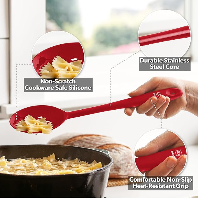 DIORO Silicone Mixing & Serving Spoons - Large Heat-Resistant Non Stick Utensils Big Solid & Slotted Basting & Stirring Spoons - Dishwasher Safe (2pc, Red) DIORO