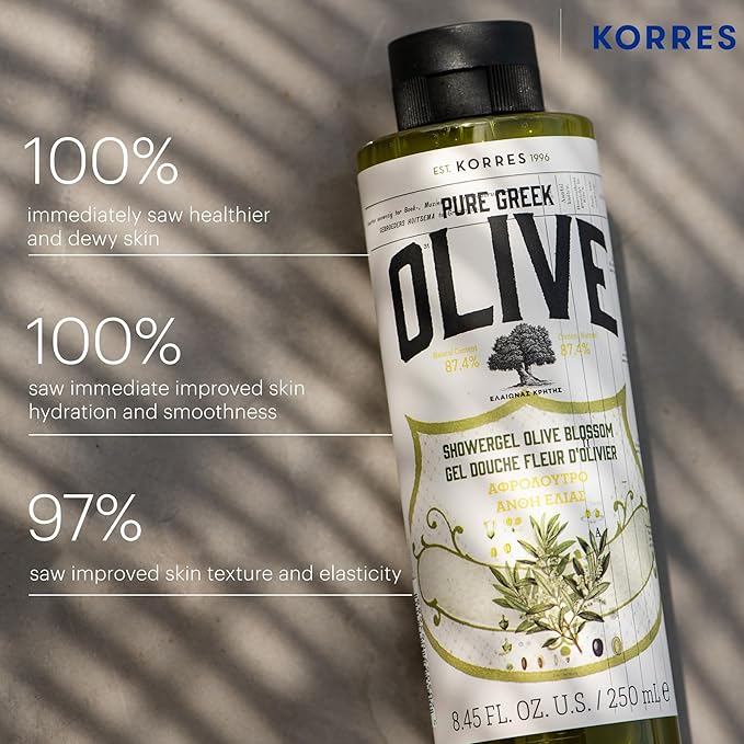 KORRES Shower Gel for Dry Skin, Moisturizing Body Wash Cleanser Made with Pure Greek Olive Oil, Hydrating and Nourishing Bath Soap for Smooth, Supple Skin, Olive Blossom Scented, 8.45 fl oz Korres