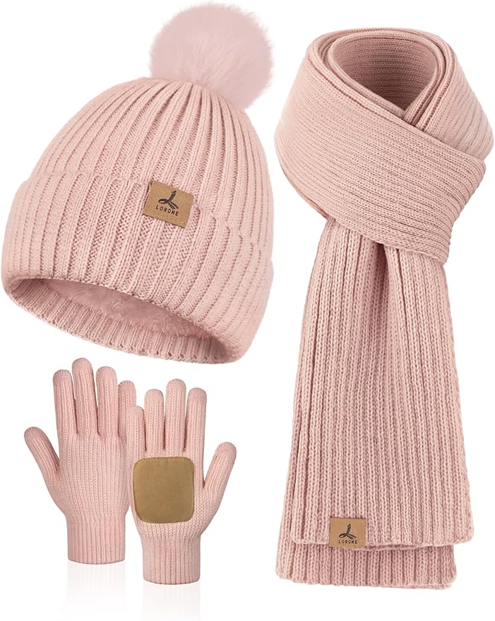 LOROME Women Winter Beanie Hat Scarf Gloves Set, Fleece Knitted Pompom Hat Warm Neck Scarf Touchscreen Gloves Winter Gift LOROME