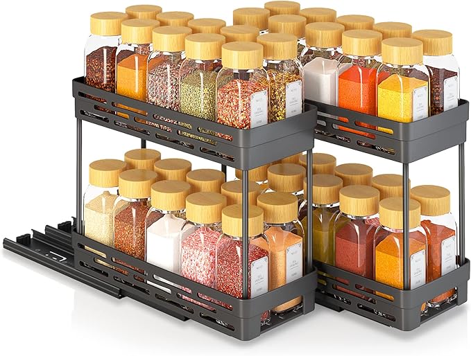 Pull Out Spice Rack Organizer for Cabinet, 3 Packs Slide Out Spice Racks Organizer, Spice Cabinet Organizers, Cabinet Size Need:12'' Highx11'' Deepx5'' Wide,Each Tier Hold 10 Spice Jar - 2 Tier, Black DABIGE