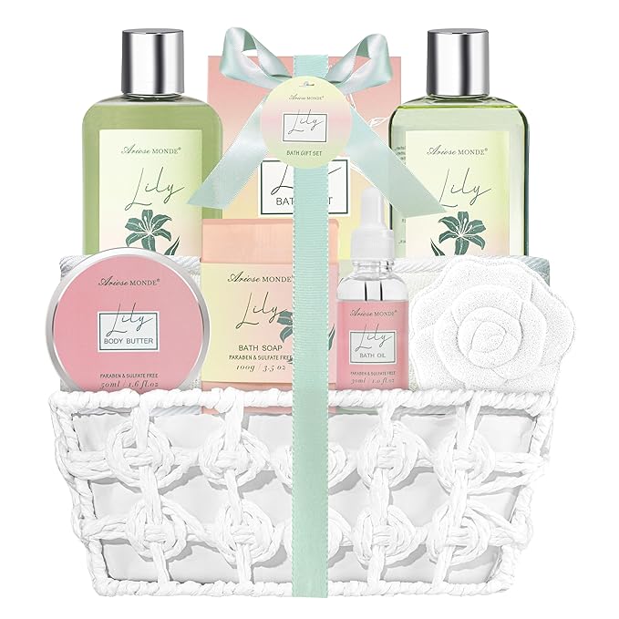 Spa Gift Baskets for Women Bath and Body Gift Set, 9pcs Spa Gifts for Women, Lily Bath Gift Set with Bubble Bath, Body Lotion, Christmas Gifts for Her Relaxing Bath Sets Ariosemonde
