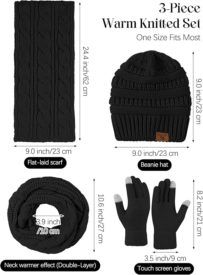 Winter Beanie Hat Scarf Gloves Set Warm Knit Fleece Touchscreen Gloves Neck Scarf Set Adult Winter Gift for Men Women KUTTOR