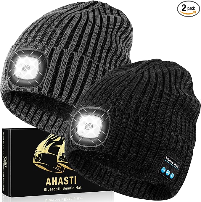 2 Pack Bluetooth Beanie Hat with Light for Men, Rechargeable LED Beanie with Light, Headlamp Cap Wireless Headphones, Christmas Gifts for Teens Stocking Stuffers for Men Dad（Black&Gray） AHASTI