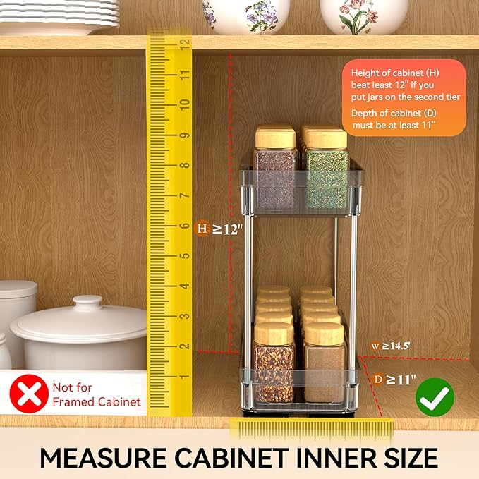 3 Pack Pull Out Spice Rack Organizer for Cabinet, 2 Tier Slide Out Spice Racks Organizer, Spice Cabinet Organizers, Cabinet Size Need:12'' High x 11'' Deep x 5'' Wide, Clear Acrylic DABIGE