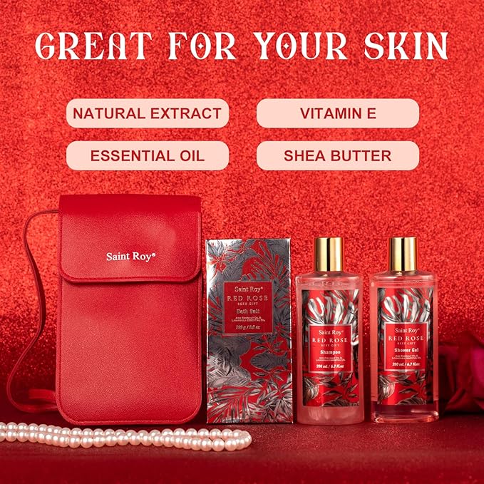 Christmas Spa Gift Set For Women, Birthday Gifts for Her, Spa Gift Basket for Women, Red Rose Bath and Body in Floral Scents Bath Kits, Home Spa Gift Basket, Bath Spa Kit for Mothers day Bath Lotion SaintRoy