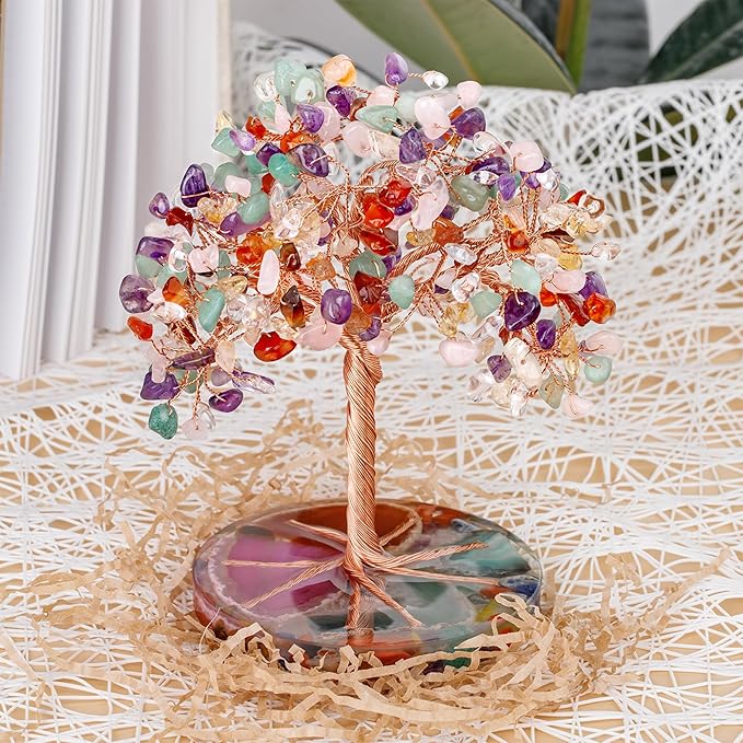 ZenBless 7 Chakra Healing Crystals Stones Tree, Colorful Crystal Stone Leaf Wire Wrapped on Natural Agate Slice Base, Home Office Desk Living Room Feng Shui Decoration for Wealth and Luck ZenBless
