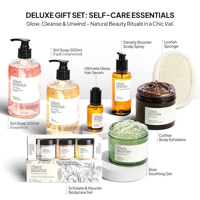 COBA'S DAUGHTER Rattan Gift Basket - 11-Piece Spa Inspired Bath, Body & Hair Kit for Women, Includes Coffee Scrub, Aloe Soothing Gel, Hair Serum, and Travel Minis (11 Pieces) COBASDAUGHTER