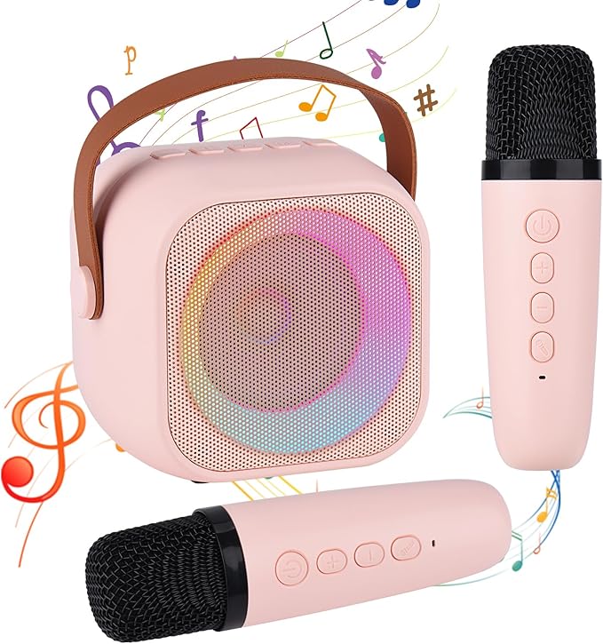 Karaoke Machine for Kids Adults, Mini Portable Bluetooth Karaoke Speaker with 2 Wireless Microphone and Lights,Toys for All Smartphones,Birthday, Family,Home Party Pinkcolor Xjahwr