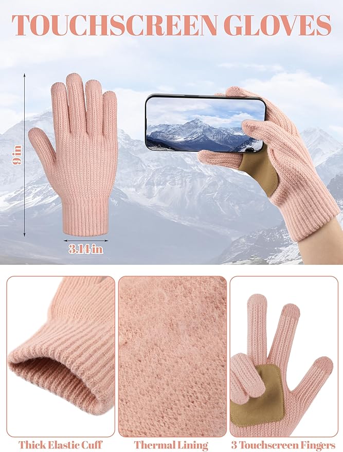 LOROME Women Winter Beanie Hat Scarf Gloves Set, Fleece Knitted Pompom Hat Warm Neck Scarf Touchscreen Gloves Winter Gift LOROME