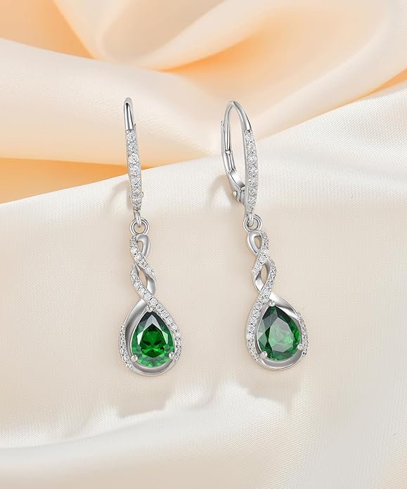 Fahonie Sterling Silver Long Drop Earrings with Cubic Zirconia Leverback Dangle Earrings Infinity Knot Birthstone Jewelry Gifts for Women FahonieJewelry