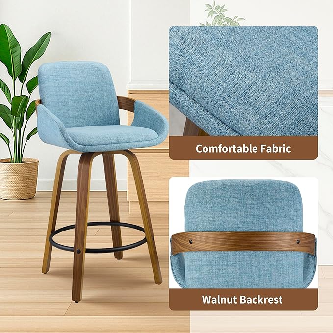 Bar Stool Set of 2, Fabric Counter High Stools with Back and Armrest 360° Swivel Walnut Bar Chair for Kitchen Island Home Dining - Blue VipDesk