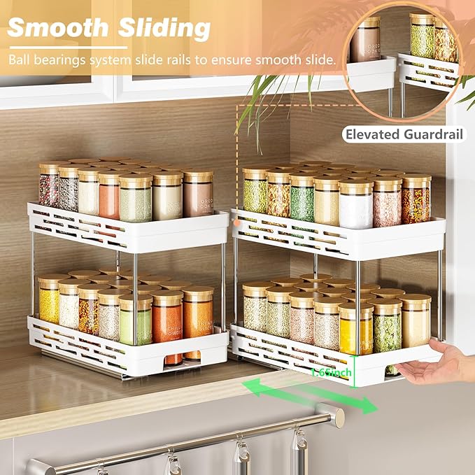 Pull Out Spice Rack Organizer for Cabinet, 2 Pack Widen Slide Out Spice Racks Organizer, Spice Cabinet Organizers, Cabinet Size Need:12'' Highx11'' Deepx6.75'' Wide,Hold 15 Spice Jar Each Tier-2Tier DABIGE
