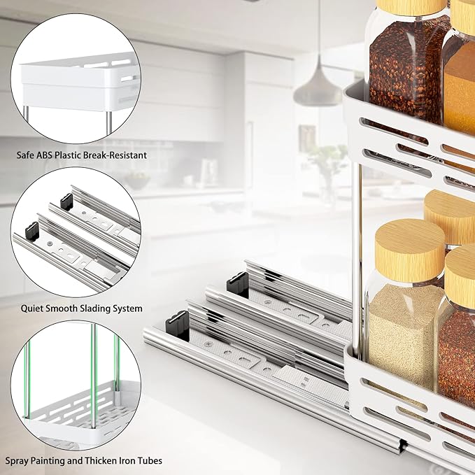 Pull Out Spice Rack Organizer for Cabinet, 3 Packs Slide Out Spice Racks Organizer, Spice Cabinet Organizers, Cabinet Size Need:12'' Highx11'' Deepx5'' Wide,Each Tier Hold 10 Spice Jar - 2 Tier, White DABIGE