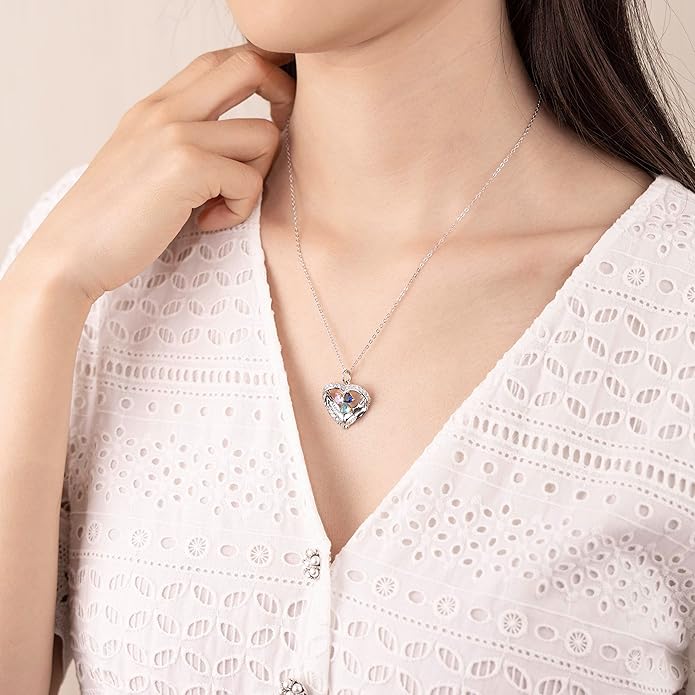 GLAMCARAT Personalized sterling silver pendant necklace with birthstone and name mothers jewelry heart shaped necklace for her birthstone necklace GLAMCARAT