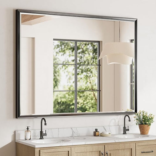 48 x 36 Black Framed Mirror for Bathroom, Beveled Black Bathroom Vanity Mirror Anti-Rust, Shatterproof Matte Black Rectangle Metal Frame Mirror, Vertical/Horizontal Large Wall-Mounted Mirrors QUEENFUN