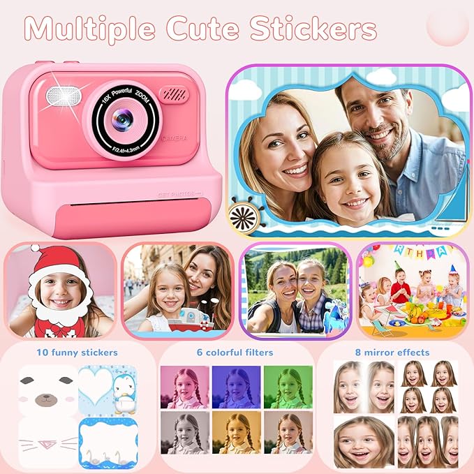 Instant Print Camera for Kids,2.4 Inch Screen Kids Digital Cameras, Christmas Birthday Gifts for Girls Age 3-12, Portable Toddler Travel Toy for 3 4 5 6 7 8 9 10 Year Old Girls Boys Eaever
